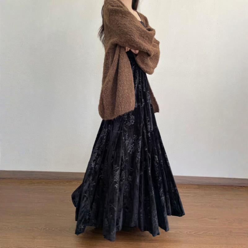 Damen Retro Samt High Waist Rock - Chinesischer Stil, Große Größen, Schlankmachend, Vielseitig für Herbst/Winter