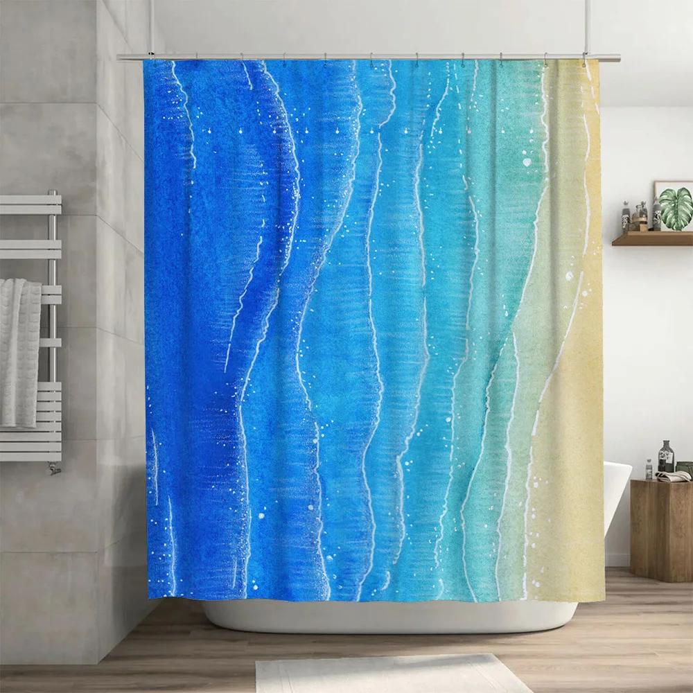 Colorful Watercolor Shower Curtain Beachside Waves Design For Bathroom Decor Made With Durable Fabric Material Available In Mult