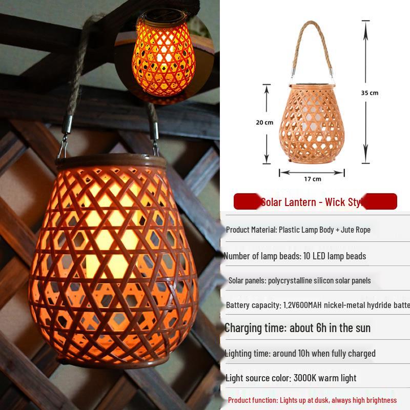 Solar Hanging Lantern: Outdoor Courtyard Pendant for Festive Atmosphere, Imitation Rattan Woven Design.