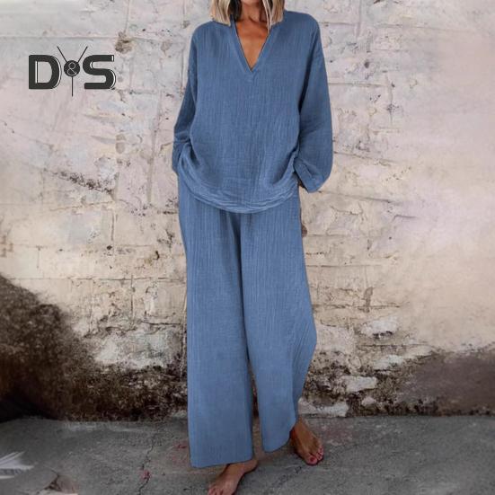 Dámský volný dvoudílný outfit top s dlouhým rukávem a výstřihem do V široké kalhoty s kapsami ležérní souprava na doma