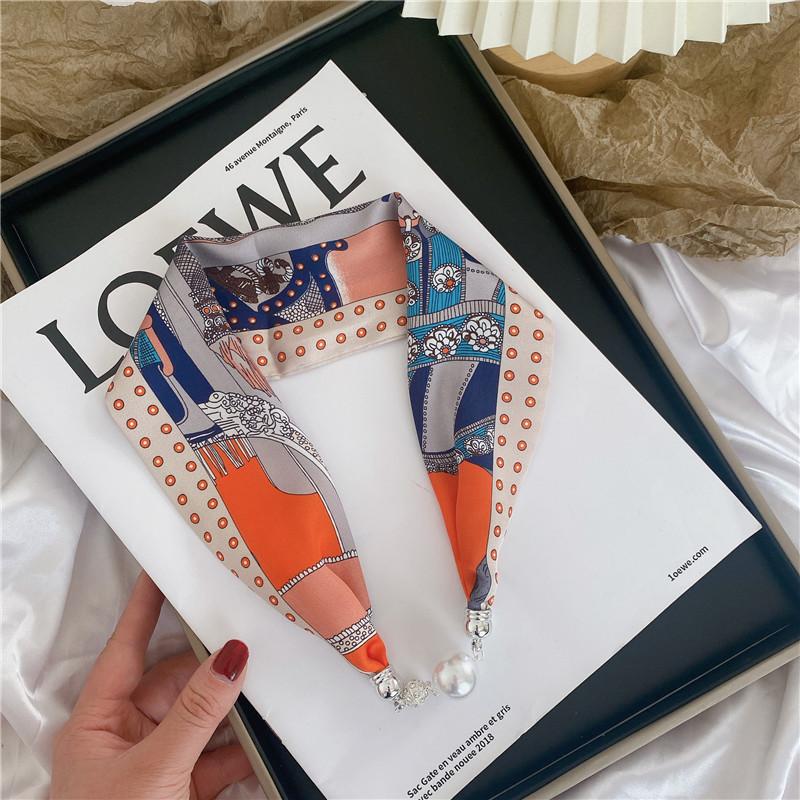 Luxury Design Magnetic Button Summer Silk Scarf Women Magnetic Pearl Necklace Scarves High End Matching Shirt Scarf Lady