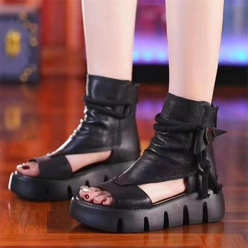 Fashion Womens Shoes 2025 Summer New Hollow Breathable Thin Roman Sandals Fashion Versatile Thick Sole Heightening Cool Boots Women
