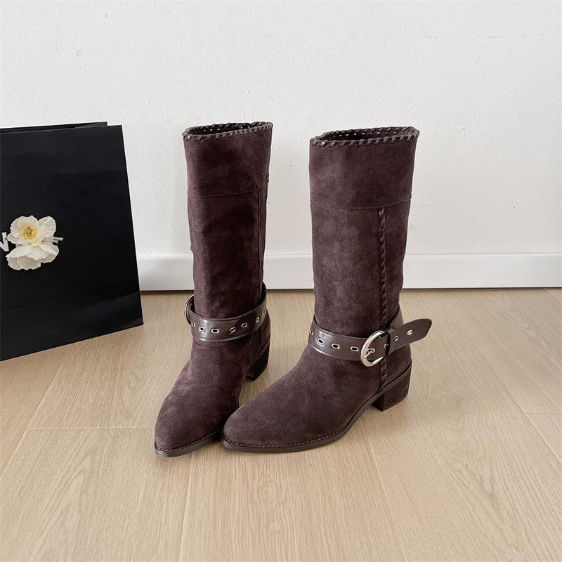 

Maillard fashion retro style thick heel platform boots women s 2025 new spring and autumn season height increase and thin knight boots 35 коричневый