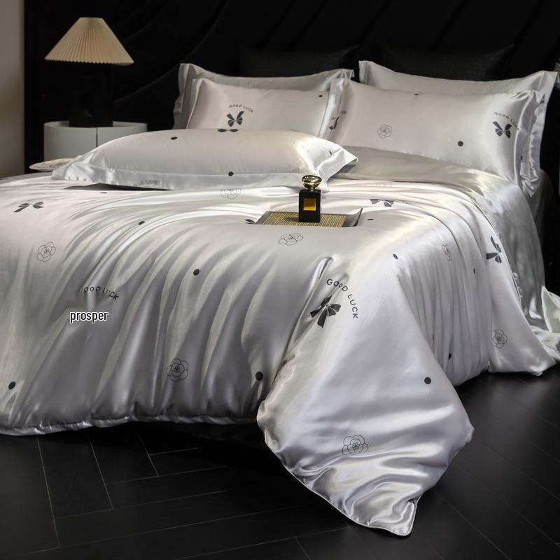 

Silk Printed Double-Sided Mulberry Silk Four-Piece Bedding Set with Fitted Sheet and Lightweight Luxury Duvet Cover Queen Sheet Set 1.5m Bed (Duvet 200x230cm)