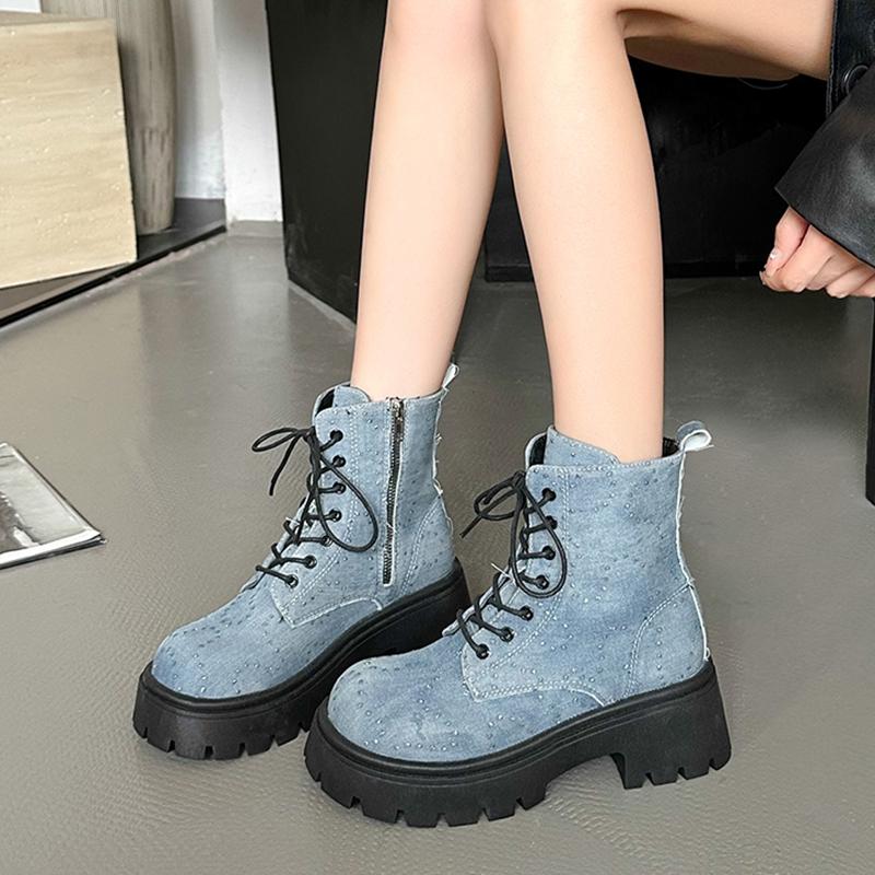Cowboy Platform Ankle Boots Women High Heels Shoes Fashion Autumn Lace Up Motorcycle Boots  Trend New Pumps Snow Botas Mujer