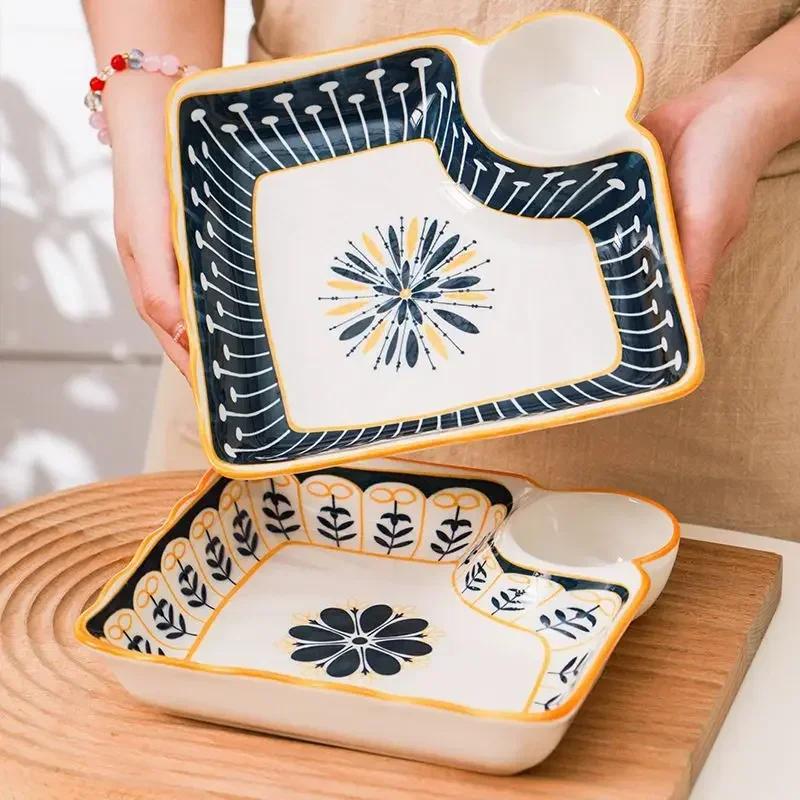 Dumpling Plate with Vinegar Dish Household Ceramic Plate Breakfast Compartment Plate High-Grade Dumpling