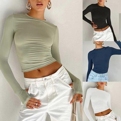 T-shirt girocollo con base tinta unita da donna europea e americana, ragazze sexy, top slim slim a maniche lunghe, magliette, magliette autunnali e invernali