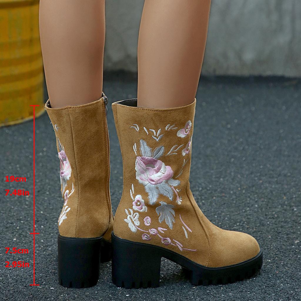 Fashion Autumn Women's High-heeled Ankle Boots Fashion Platform Chunky Heels Riding Boots Embroidered Flannel Booties Thick-soled Shoes