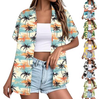 Kadın Modası Günlük Hawaii Baskılı Kısa Kollu Düğmeli Yakalı Bluz Üst