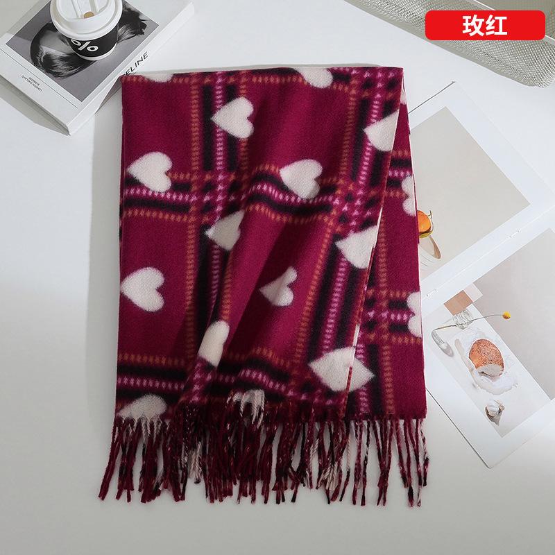 Double Side Heart-Shaped Checkered Scarf Female Winter Korean Fashion Versatile Shawl Thickened Outer Scarf Warm Neck Protection