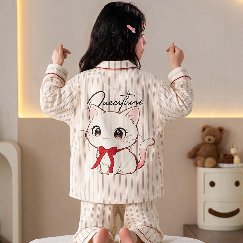 Girls Cotton Pajama Set Long Sleeve 2026 Cartoon Print Home Wear Ages 8 Comfortable Sleepwear