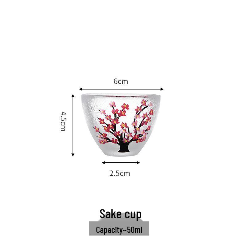 Cherry Blossom & Plum Glass Sake Set: Hand-Painted Pot & Cups