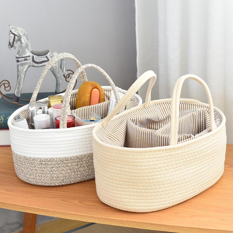 Solid Color Cotton Diaper Bag with Removable Dividers and Wire Basket for Baby Essentials