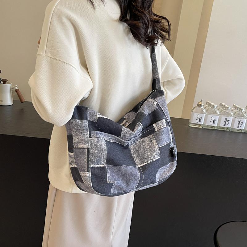 Große Kapazität Damen Denim Umhängetasche Patchwork Student Pendler Schultertasche