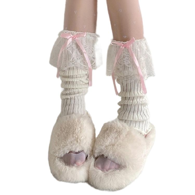 Women Aesthetic Ribbed Knit Stretch Leg Warmer Japanese Boot Cover Sweet Ruffled Lace Trim Bows Leg Sleeve Long Socks