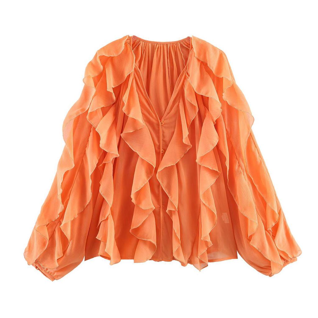 Spring Women's Bow Tie Layered French Lantern Sleeve Shirt