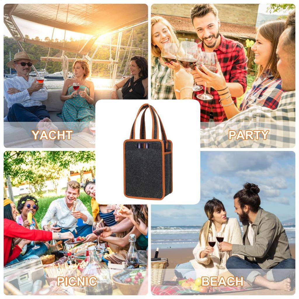 6 Bottles Wine Tote Bag Reusable Travel Felt Insulated Tote Bags Wine Bottle Carrier for Barbecue Camping Travel Picnic