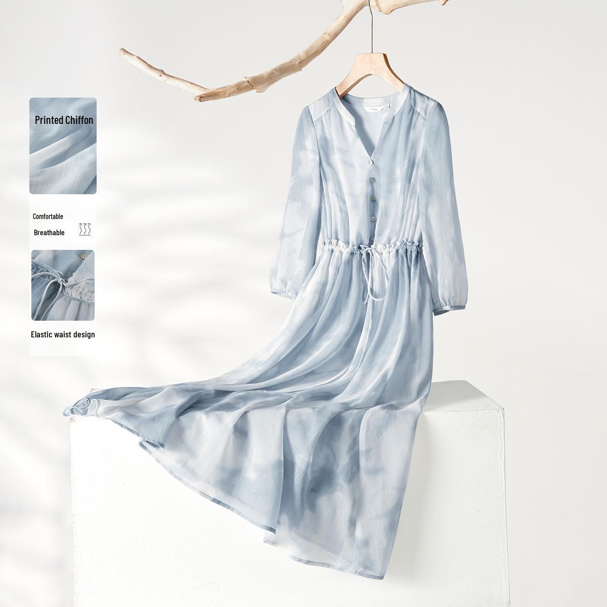 

2025 Spring Ombre Watercolor Chiffon Mid-Length Dress for Women L синий