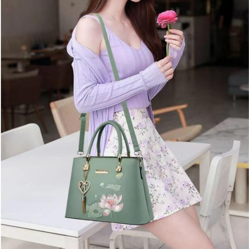 Women Embroidery Lotus Pattern Shoulder Bag Large Capacity Tote Handbag