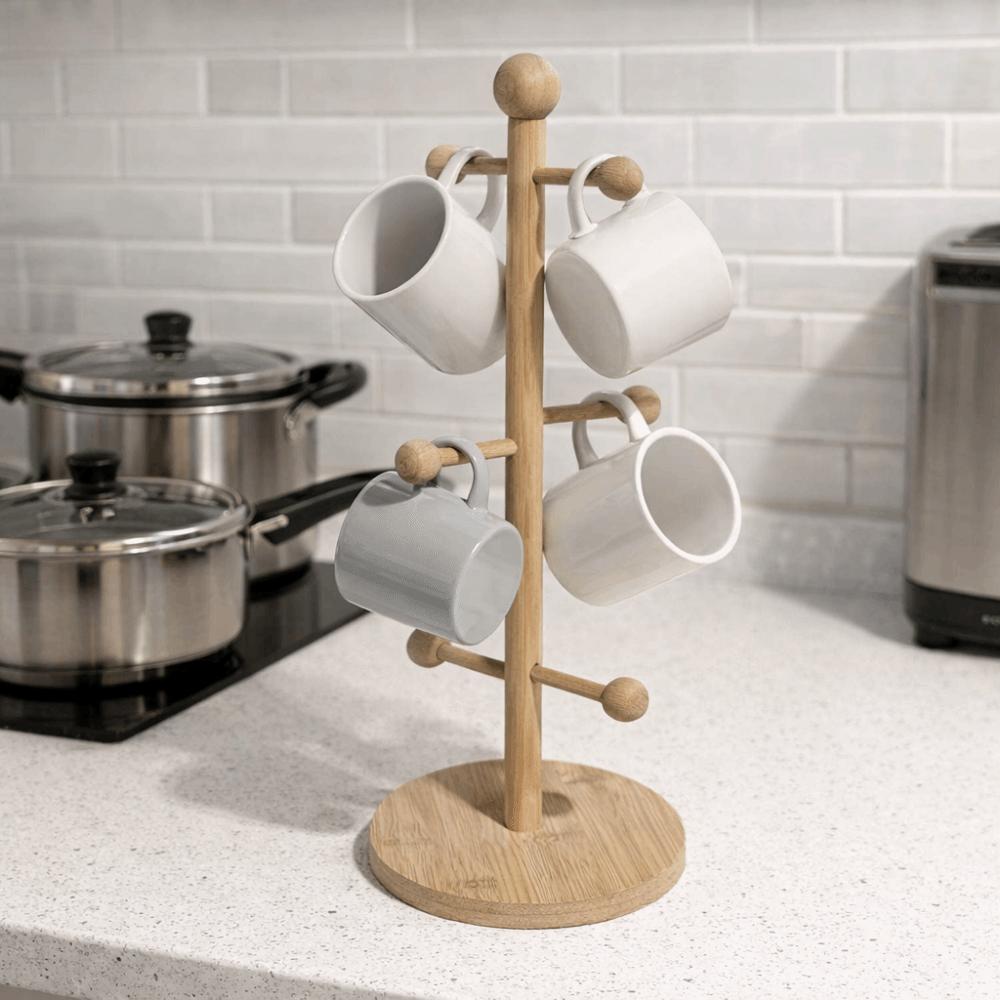 Kitchen Organizer Wooden Cup Storage Holder 6 Hooks Design Tree Shape Tea Cups Drainer Non-Slip Base Sturdy Mug Holder Kitchen