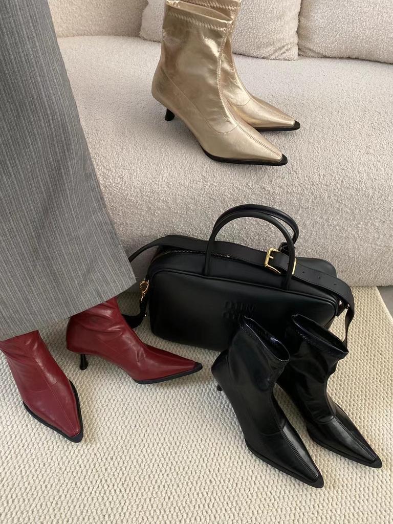 Fashion Fashion Women Ankle Boots Chelsea Bootie Red Gold Black Thin High Heels Autumn Spring Dress Shoes Woman Slip On Party Pumps 39