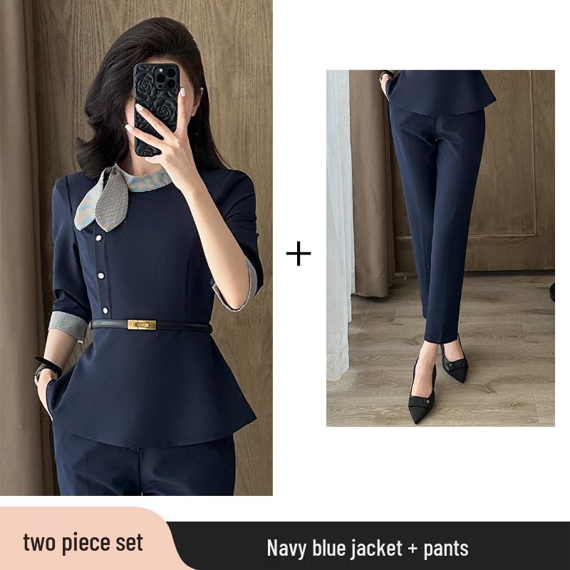 Women's Summer Seven-Sleeve Waist-Cinching Professional Suit for Jewelry Stores, Salons, and Hotel Receptionists