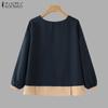 ZANZEA Damen Herbst Rundhals Colorblock Langarm Blusen
