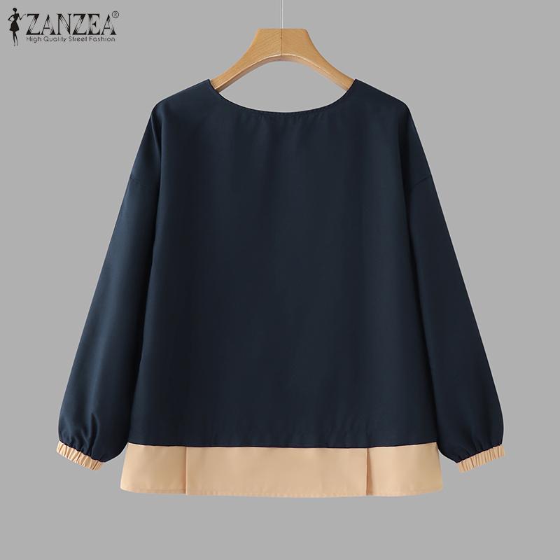 ZANZEA Damen Herbst Rundhals Colorblock Langarm Blusen
