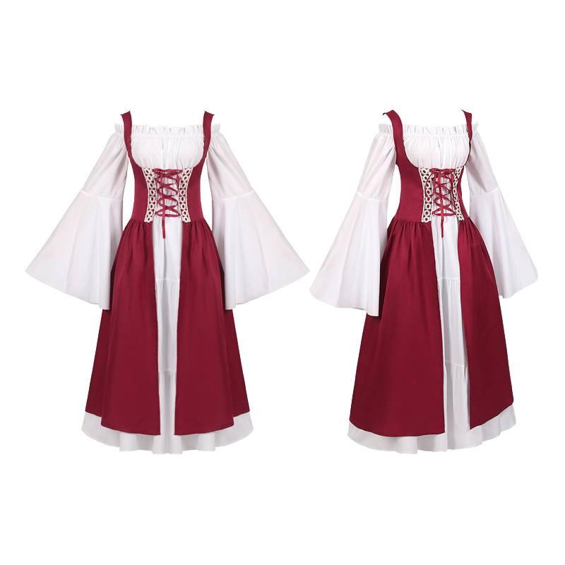 Medieval Women Victorian Long Red White Dress High Waist Design Parties Cosplay