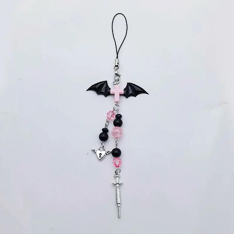 Y2K Handmade Mobile Phone Chain Charms Strap Gothic Dark Style Demon Bat Wings Syringe Heart Lock Cool Girl Pendant Gift