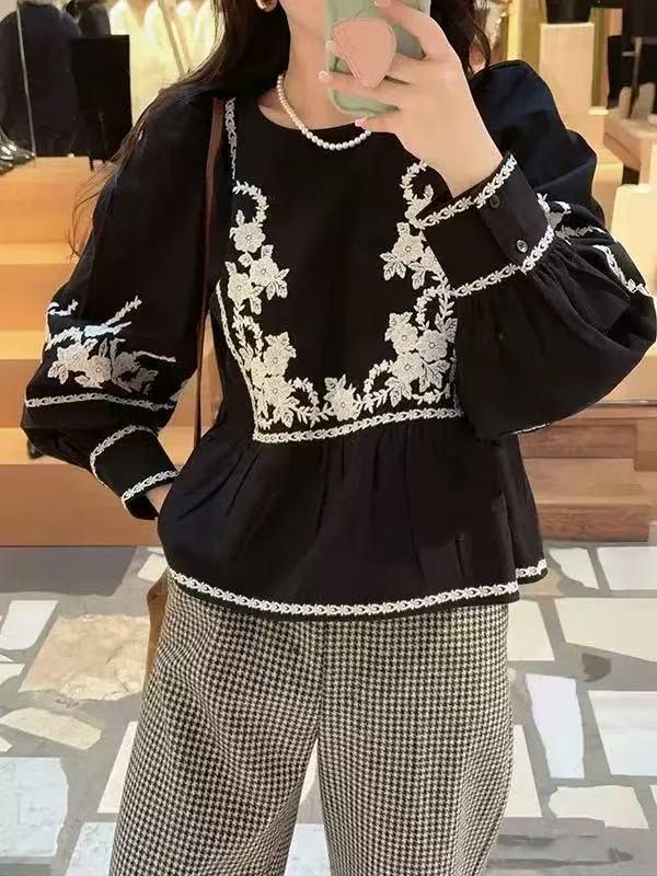 French Floral Embroidered Round Neck Long Sleeve Top - Autumn Winter Casual Wear L чёрный
