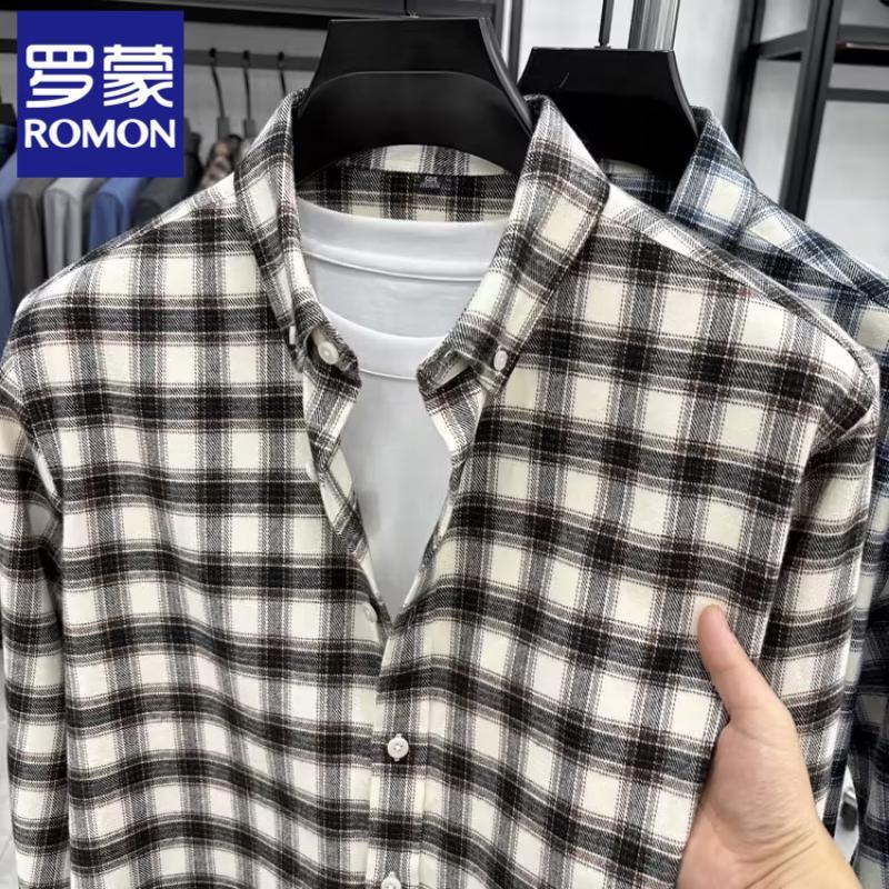 Luomeng Men's Brushed Plaid 100% Cotton Long Sleeve Shirt