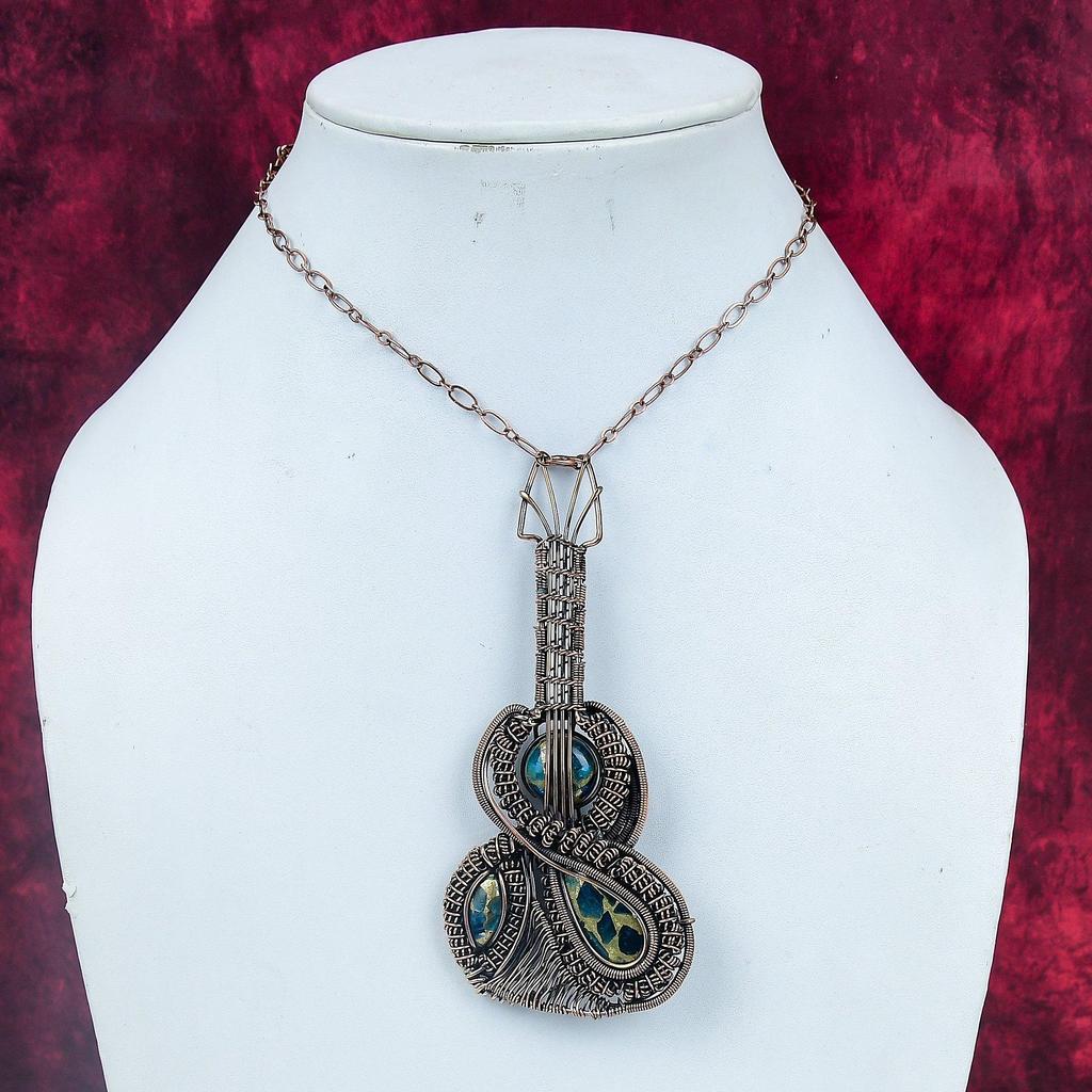 Copper Neon Apatite Pendant Guitar Gemstone Jewelry Copper Wire Wrapped Pendant