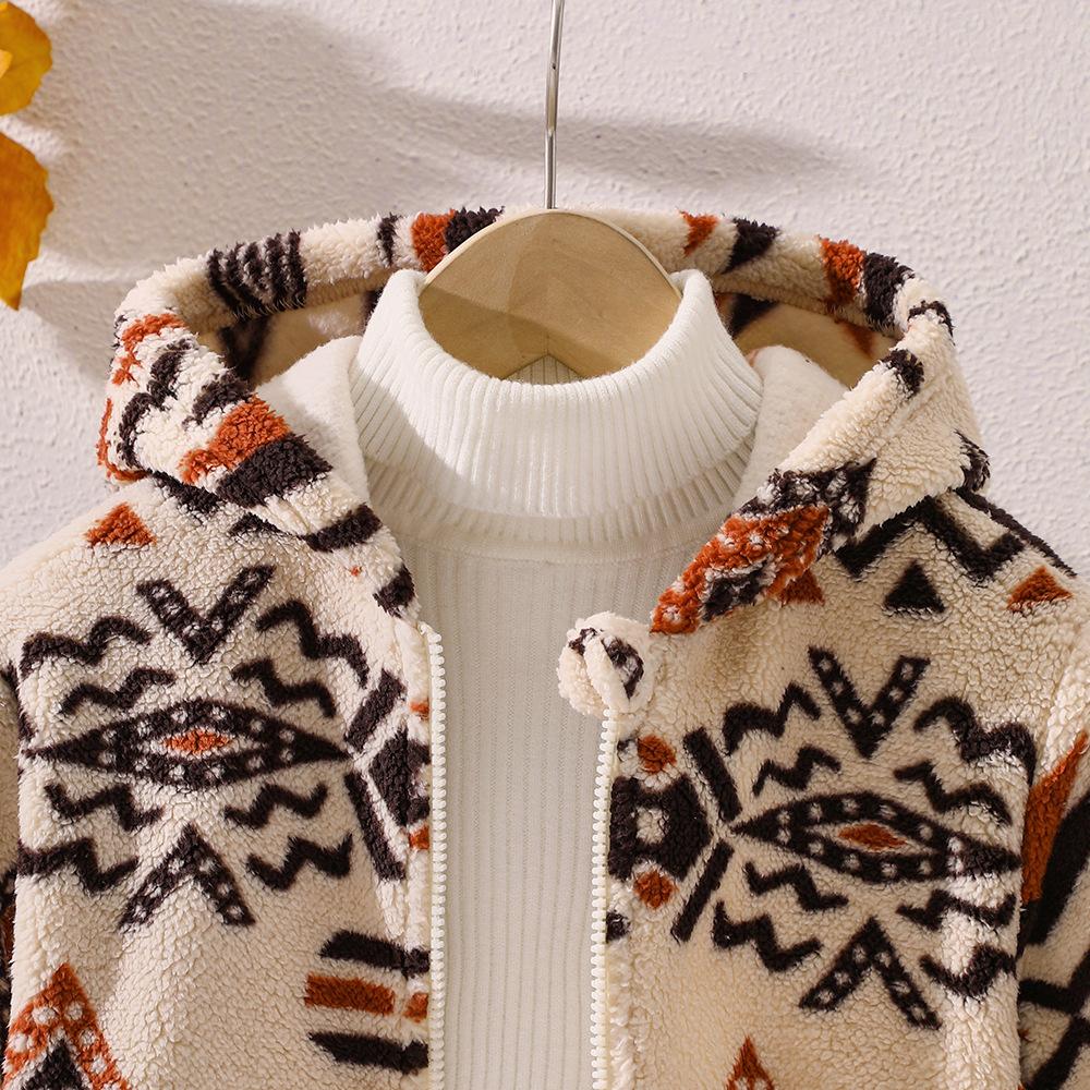 Children's Clothing New Boys' Autumn Winter Plush Printed Hooded Zipper Jacket