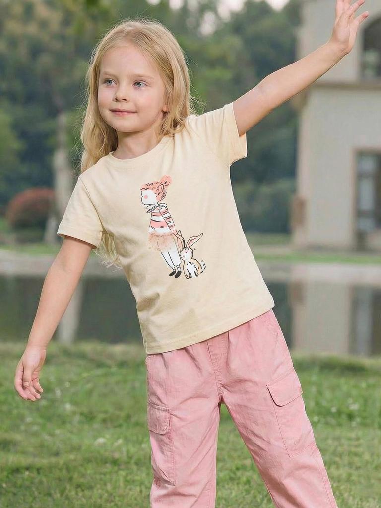 Summer 2026 Girls' Short-Sleeve T-shirt with 3D Rabbit Skirt Print - European and American Fashion