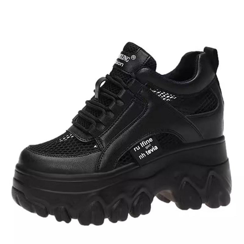 Новые женские кожаные кроссовки на платформе весенние кроссовки белая обувь высокий каблук 9 см танкетка уличная спортивная обувь дышащая повседневная обувь 34 чёрный 6479₽