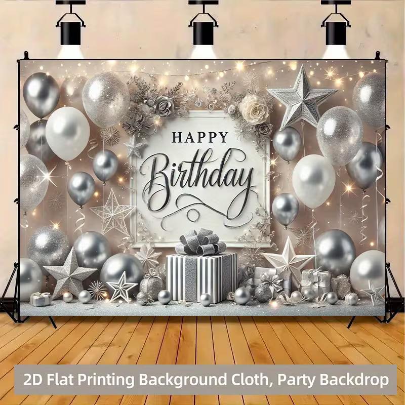 

2D Happy Birthday Backdrop Silver Balloon Star Gift Photo Background Banner for Party 47.2x31.5inch/120*80cm
