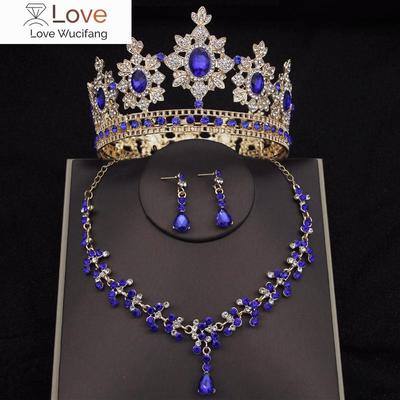 Barokke Bloem Kristal Bruidssieradensets voor Vrouwen Mode Kroon Tiara's Oorbellen Ketting Set Bruid Prom Dubai Sieradensets