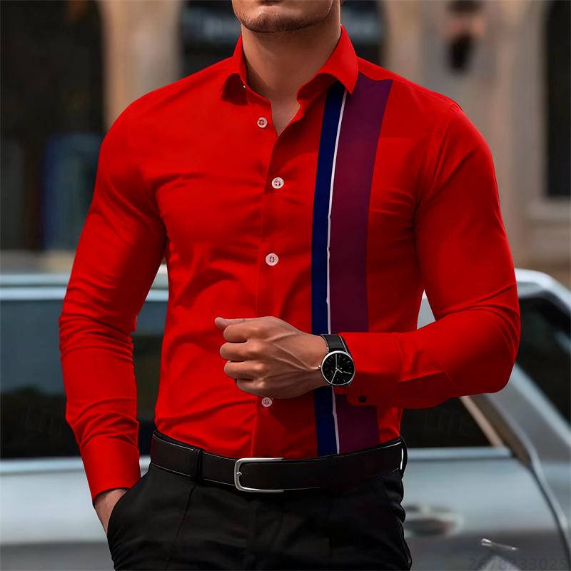 Men's Fashionable Contrast Color Striped Long Sleeve Shirt European and American Style Business Casual Trendy Casual Men's Shirt