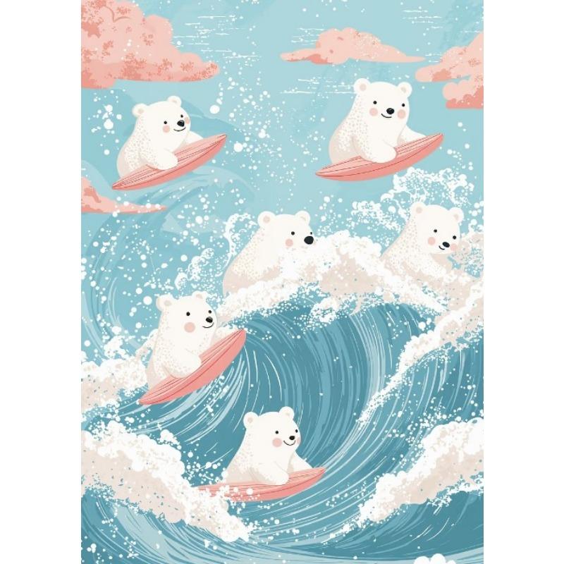 Retro Japanese Cartoons Animals Illustration Poster Wave Panda Cat Penguin Cute Animals Prints Kids Room Nursery Room Canvas Art