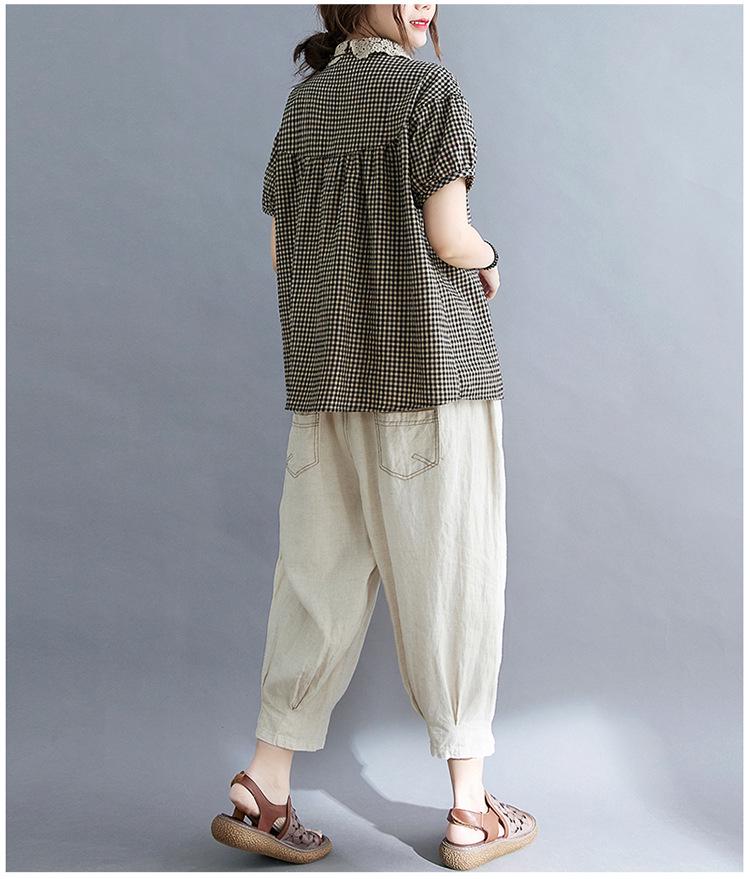 2021 Letní Nadměrná Velikost Patchwork Dámská Bavlněná Lněná Kostkovaná Košile s Peter Pan Límcem Zeštíhlující Krátký Rukáv