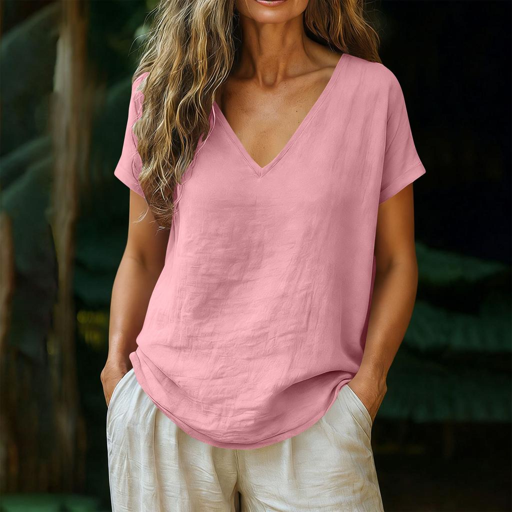 Women's Relaxed-Fit Fashion Cotton-Linen Blend Short-Sleeve V-Neck Pullover Top