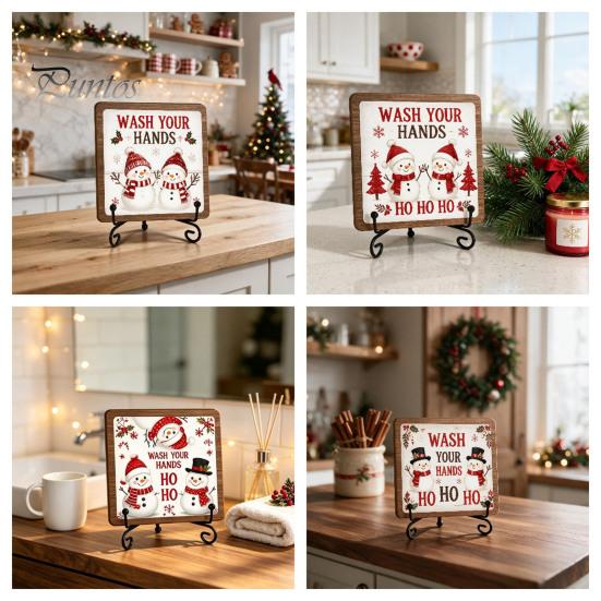 Christmas Hanging Ornament Wooden Tabletop Decor, 2D Pet Santa with Iron Stand, Rustic Festive Home Accents Holiday Sign for And Cafe Shelf,