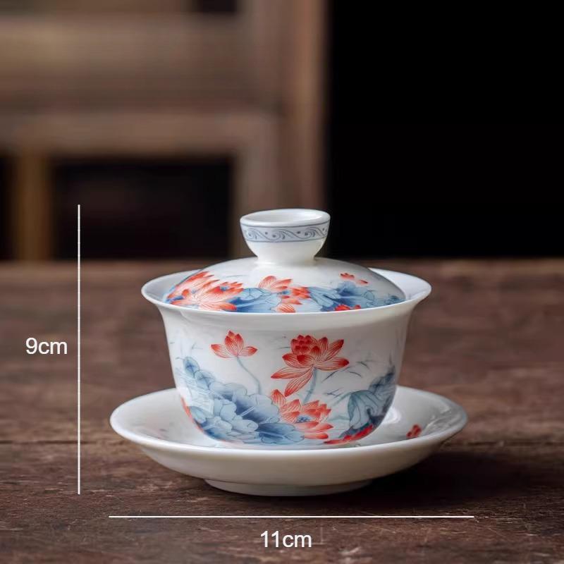 Jingdezhen Covered Bowl Sheep Fat Jade Tea Bowl Hoverable Tea Cup with Lid Chinese Underglaze Colored White Porcelain Teaset