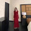 Elegant Red Boat Neck Dress: Stunning Beach Birthday Outfit with Waist-Cinching Skirt