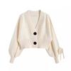 Temperament thickened and thin knitted cardigan women's winter loose short high-waisted v-neck sweater lantern sleeve jacket top