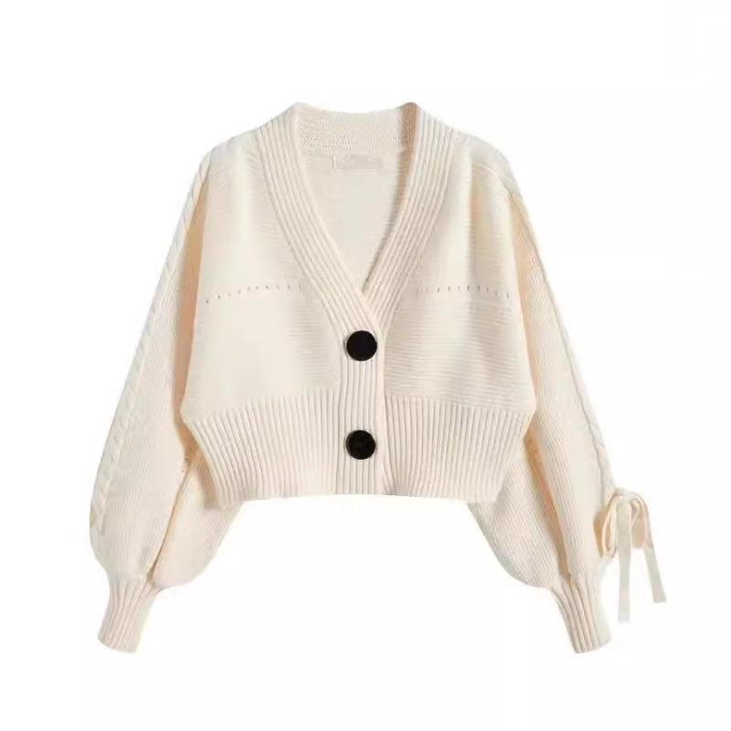 Temperament Thickened and Thin Knitted Cardigan Women's Winter Loose Short High-waisted V-neck Sweater Lantern Sleeve Jacket Top