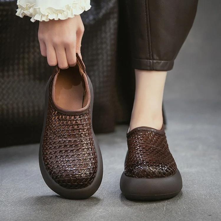 Johnature Retro Hollow-out Breathable Woven Genuine Leather Thick Soled Sandals Simple Women's Platform Shoes