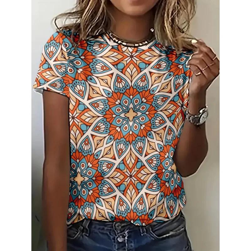 Colorful Retro Pattern T Shirt For Women Exquisite Ethnic 3d Printed Short Sleeves Tees Summer Casual Loose T-shirts O-neck Tops