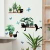 Green Plant Potted Black Cat Wall Sticker Living Room Background Decor
